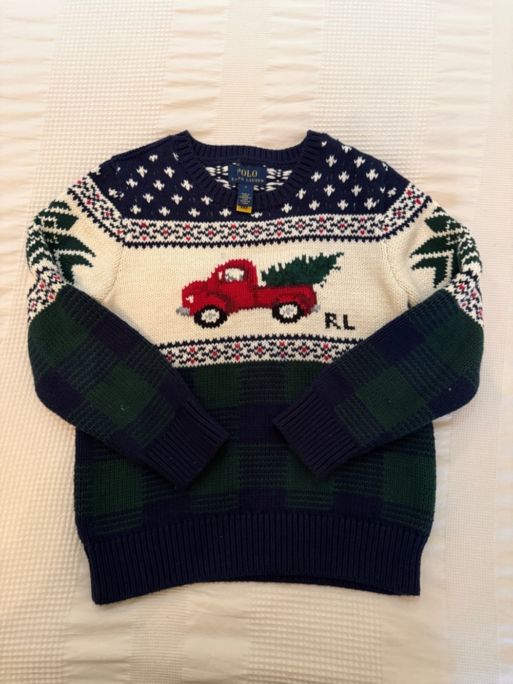 Polo by Ralph Lauren Navy, Green & Red Truck Fair Isle Crewneck Sweater